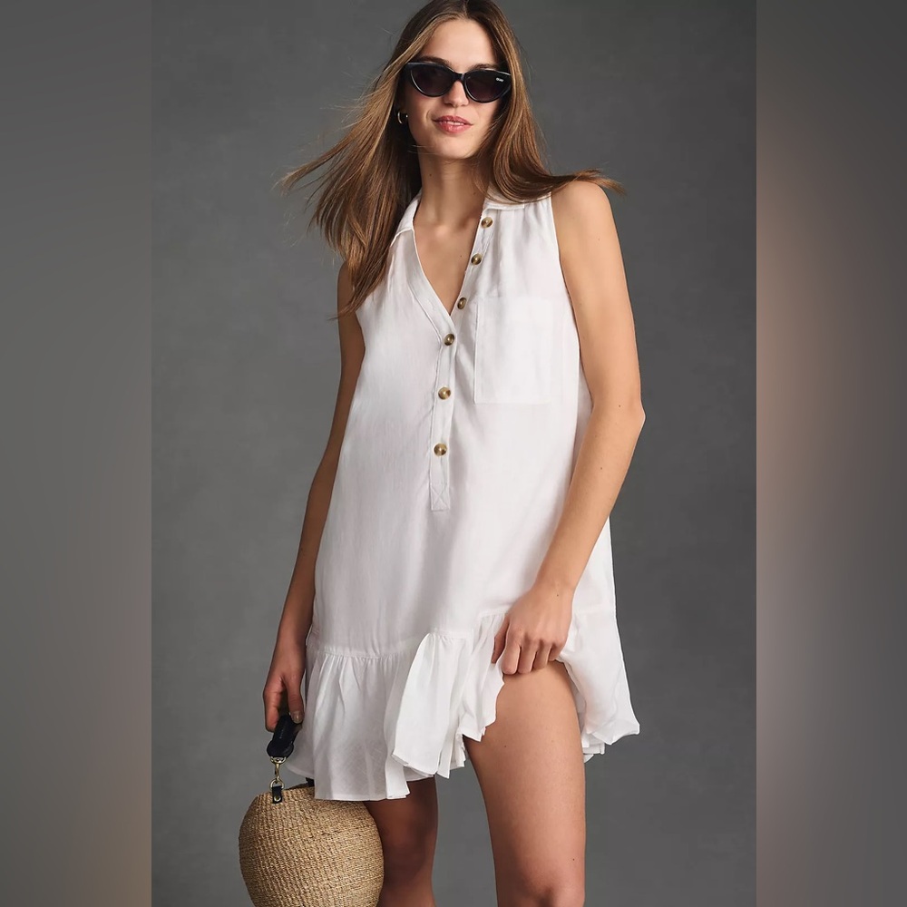 Anthropologie Pilcro Sleeveless Ruffle-Hem Shirt Tunic Dress White large
